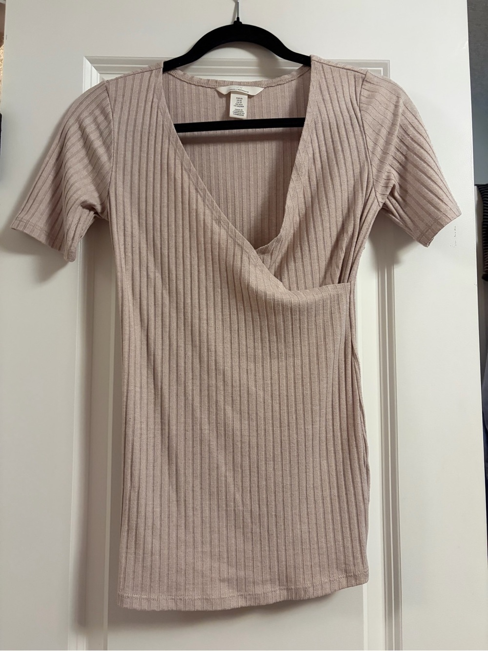 H&M mama maternity Ribbed Wrap-Front Short Sleeve before and after top